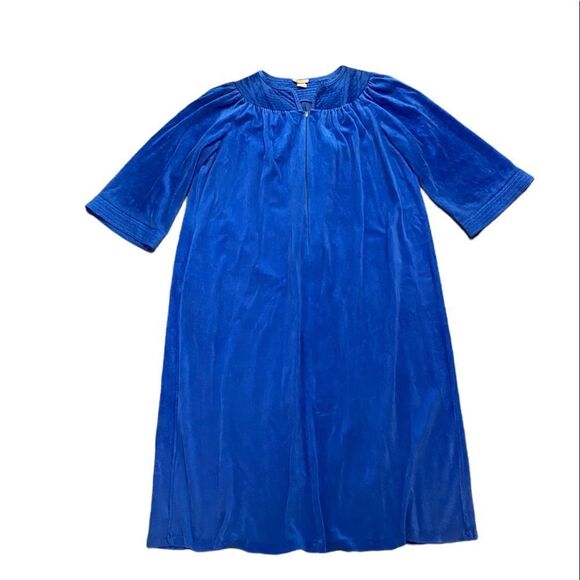 VINTAGE Rainbow Fashions Womens Bathrobe Blue Velvety Velore Zippered Size Large - Picture 8 of 12